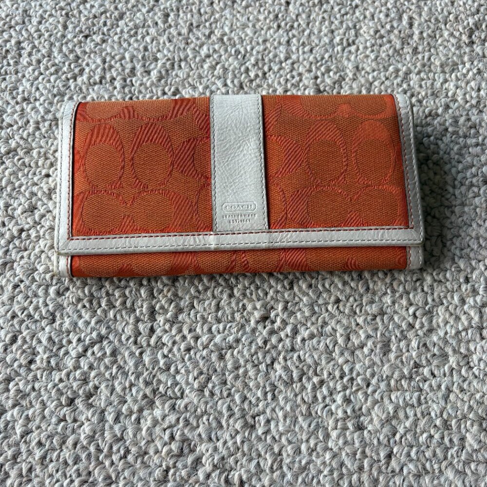 Coach Orange Signature Jacquard Trifold Wallet | Checkbook Clutch - Picture 3 of 11